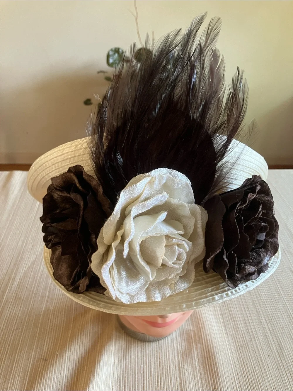 Women’s Cream and Brown Floral Dress Hat with Feather Accent